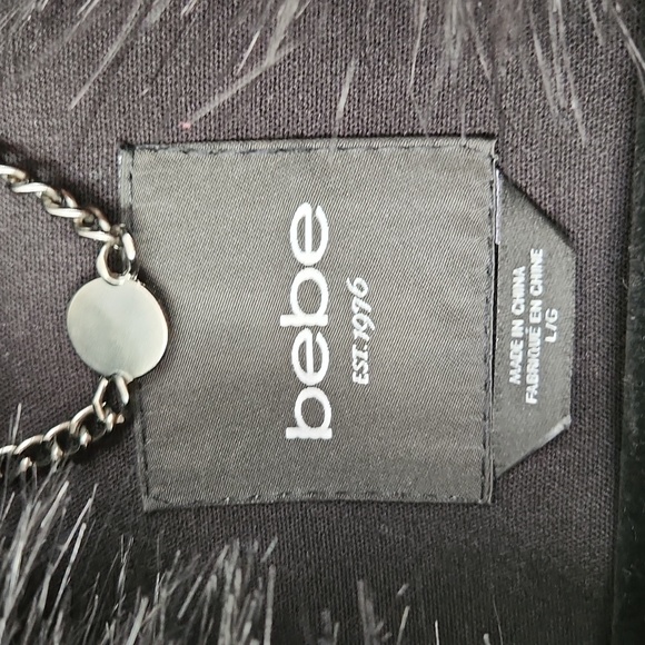 BEBE Black Car Length Swing Coat Faux Fur Trim Large - Picture 8 of 13